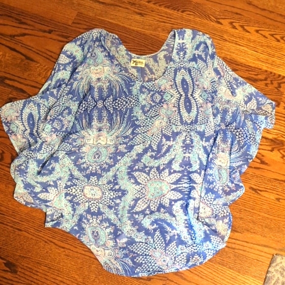 Show Me Your MuMu Blue Print Sheer Tunic 3/4 Sleeves Flowy Relaxed Fit Sz XS - Picture 3 of 7